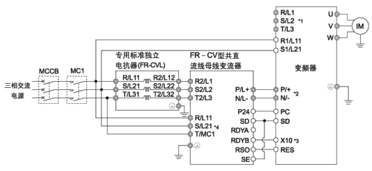 FR-CV-H22K三菱共直流母線變流器接線端子說明：